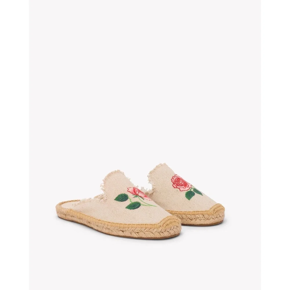 Soludos Women 10/10.5 Smoking Mule‎ Espadrilles Rose Embroidered Natural Canvas
